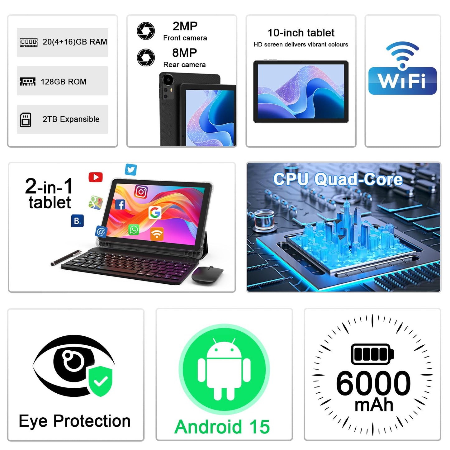 10 Inch Android 15 Tablet, Newest 18GB RAM+128GB ROM/2TB Expandable Tablets PC, 2 in 1 Tablets with Keyboard, Mouse, Case, Stylus, Quad-Core 2.0GHz CPU HD Screen, 5G WiFi 6 BT 5.0, 8MP Camera Tableta