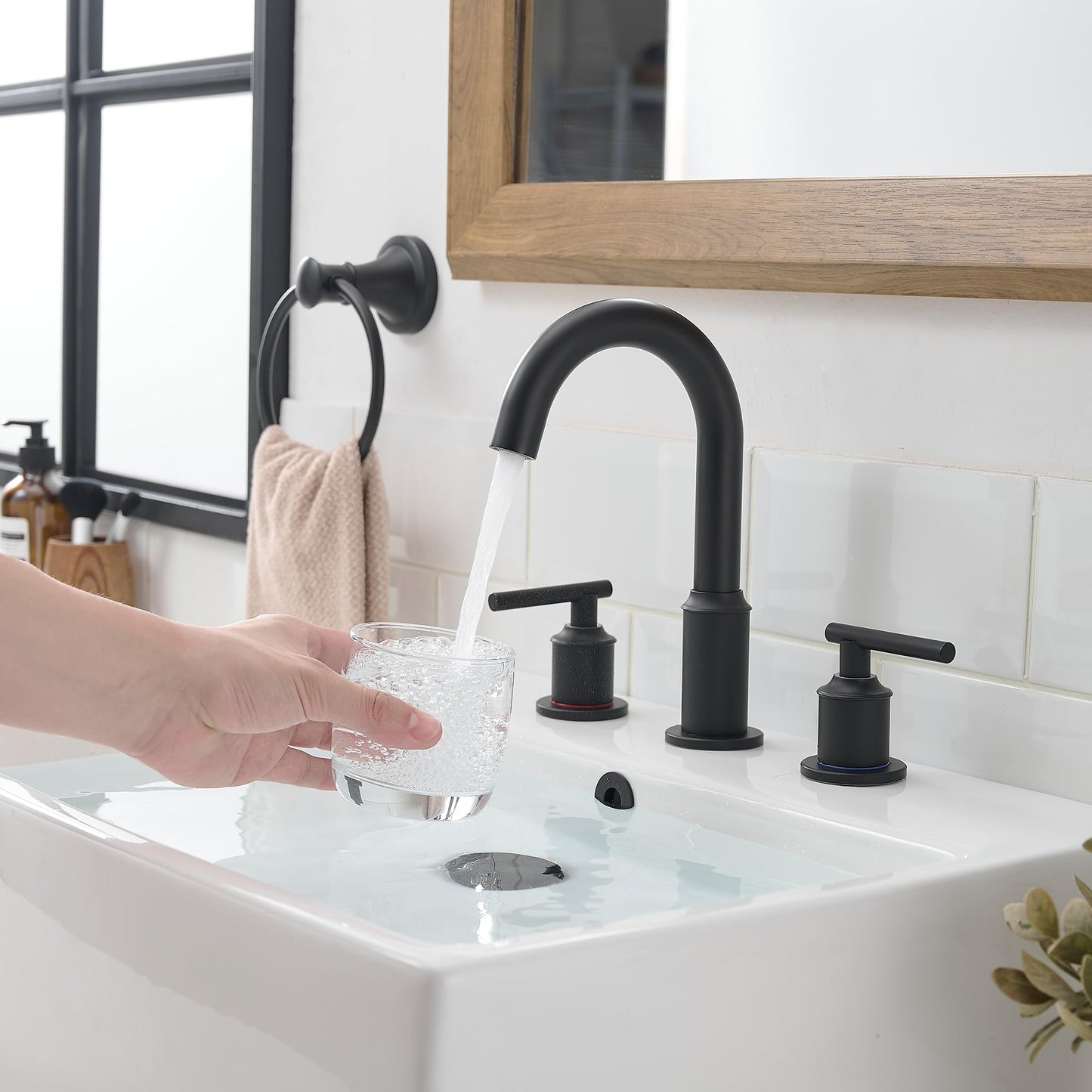 Matte Black Bathroom Faucets for Sink 3 Hole,8 Inch Widespread Bathroom Sink Faucet with Pop-up Drain and Supply Lines, Stainless Steel Faucet for Bathroom Sink Vanity RV Farmhouse Sink