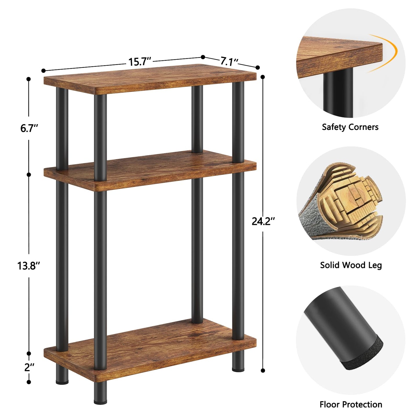Apicizon Small Narrow Side Table, 3-Tier Skinny End Table for Small Spaces, Slim Nightstand with Storage Shelf, Bedside Table for Living Room, Bedroom, Rustic Brown and Black
