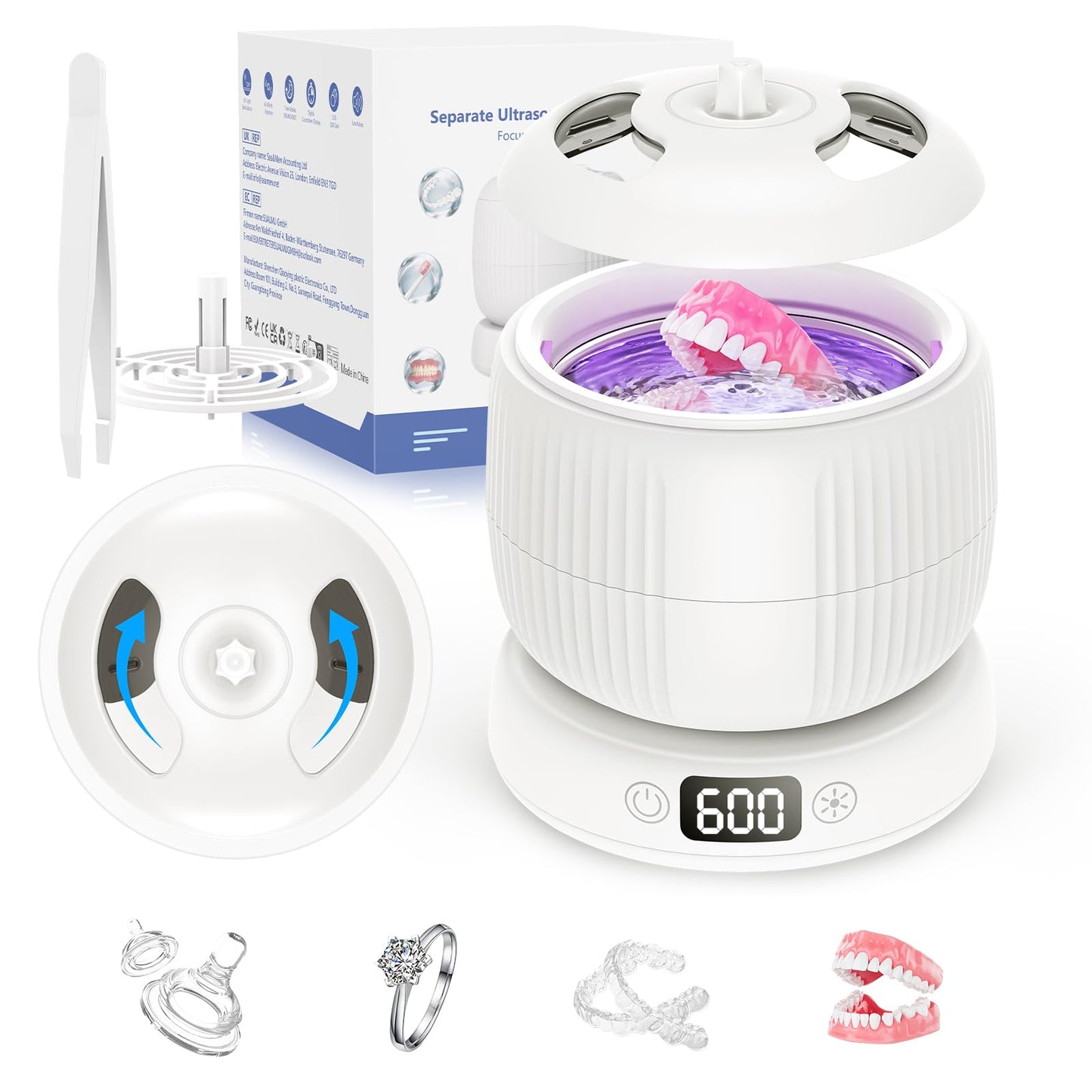 2025 Upgraded Ultrasonic Retainer Cleaner Machine,Separate Retainer Cleaner for Night Guards, Braces, Aligner, Jewelry, 4 Modes Denture Cleaner & Removable Base and Top Cover(White)