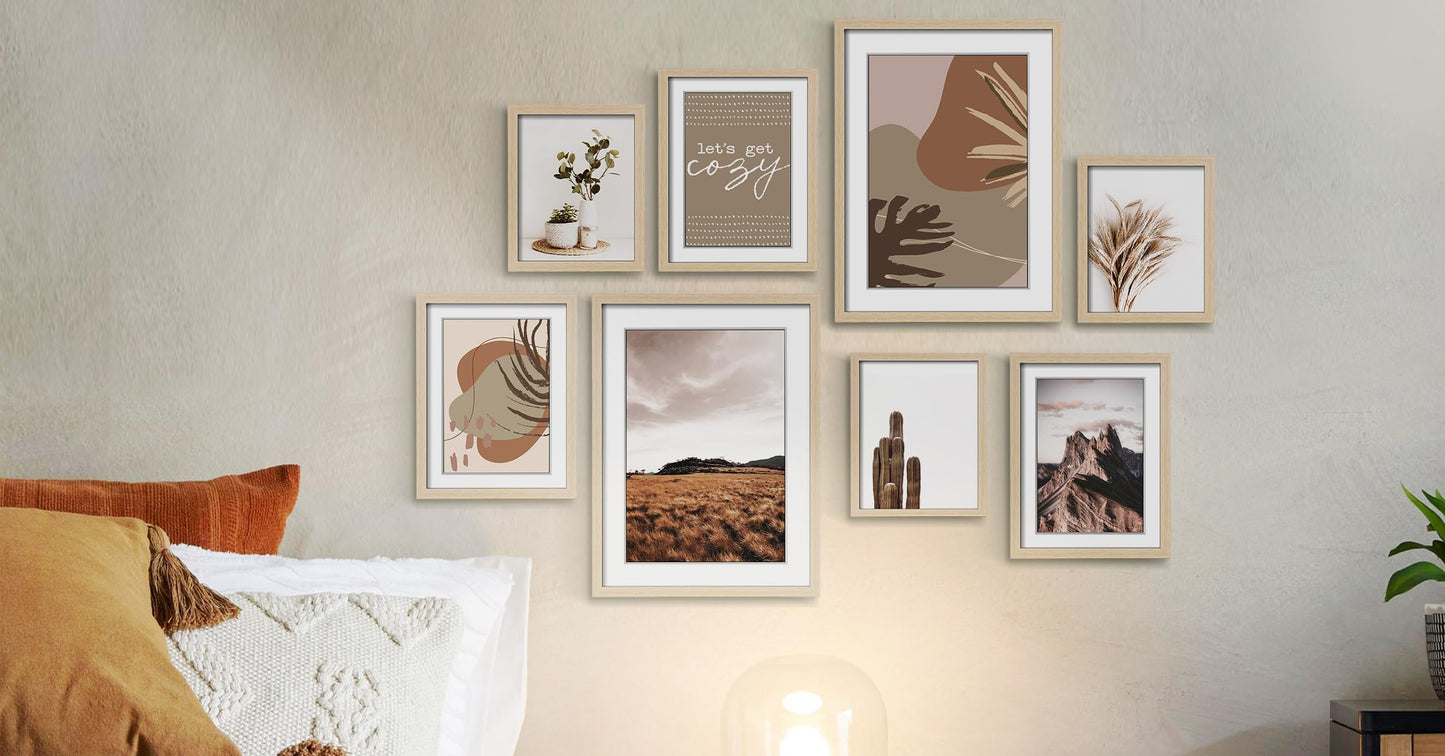 ArtbyHannah Gallery Wall Frame Set, Neutral Modern Art Prints,Picture Frames Collage Wall Decor for Living Room, 8 Pack in Multiple Sizes(11x14 inch,8x10 inch,6x8 inch)