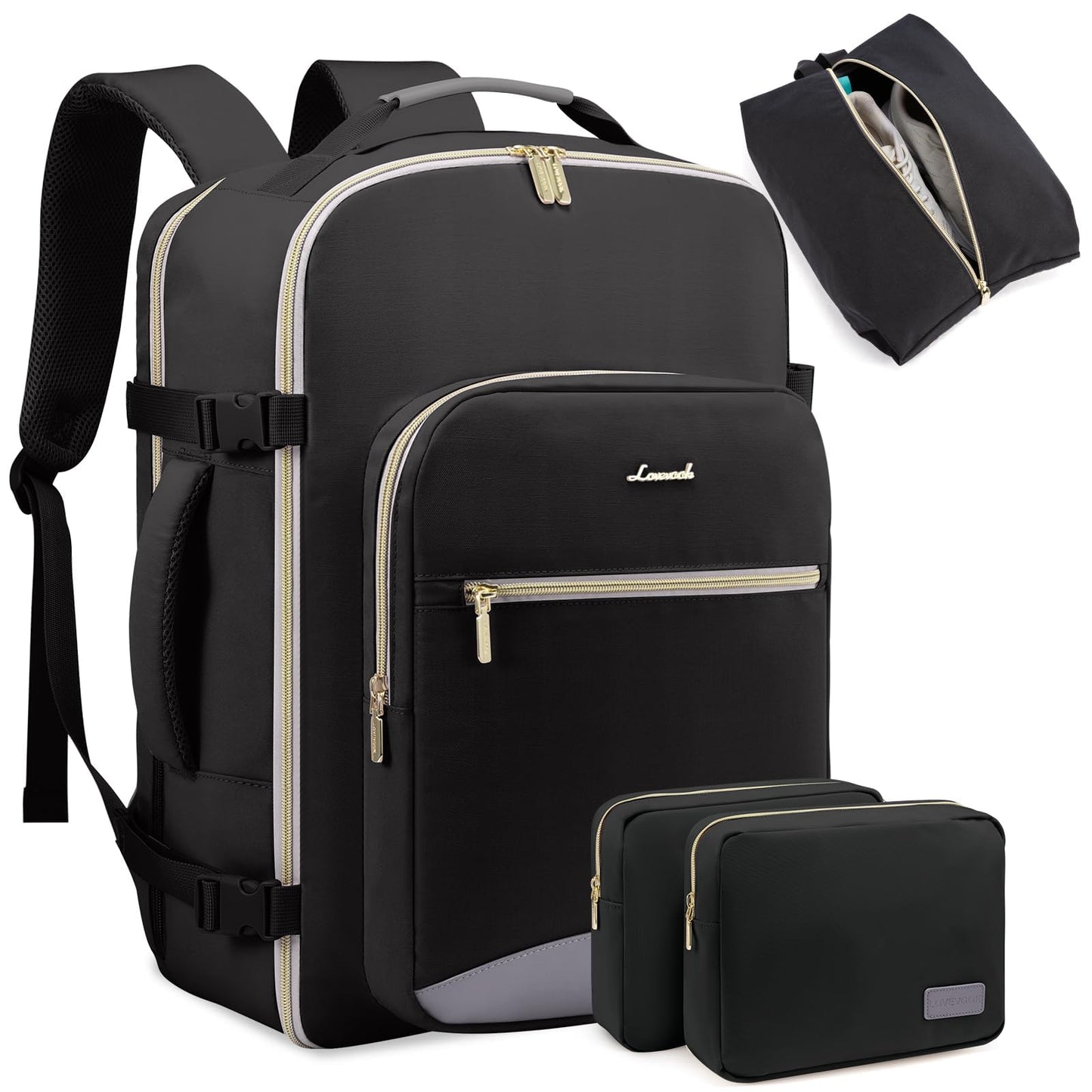 LOVEVOOK Travel Backpack for Women as Personal Item Flight Approved, 40L Luggage 17.3 inch Carry on Backpack Laptop Daypack Waterproof with 3 Packing Cubes, Black