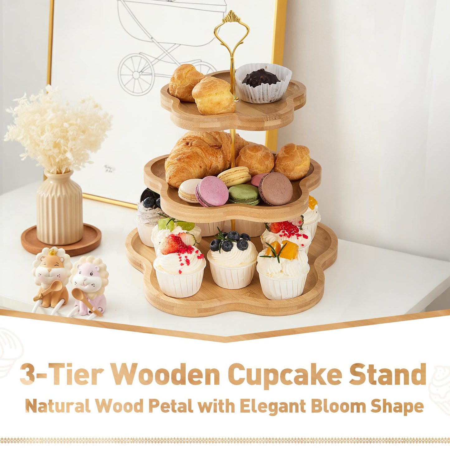 DUJUST Elegant 3-Tier Wooden Cupcake Stand with Flower-Shaped Design, Rustic Bamboo 3 Tiered Serving Tray for Cupcake, Desserts, Party, Wedding, Farmhouse & Home Decor, Easy to Install & Clean