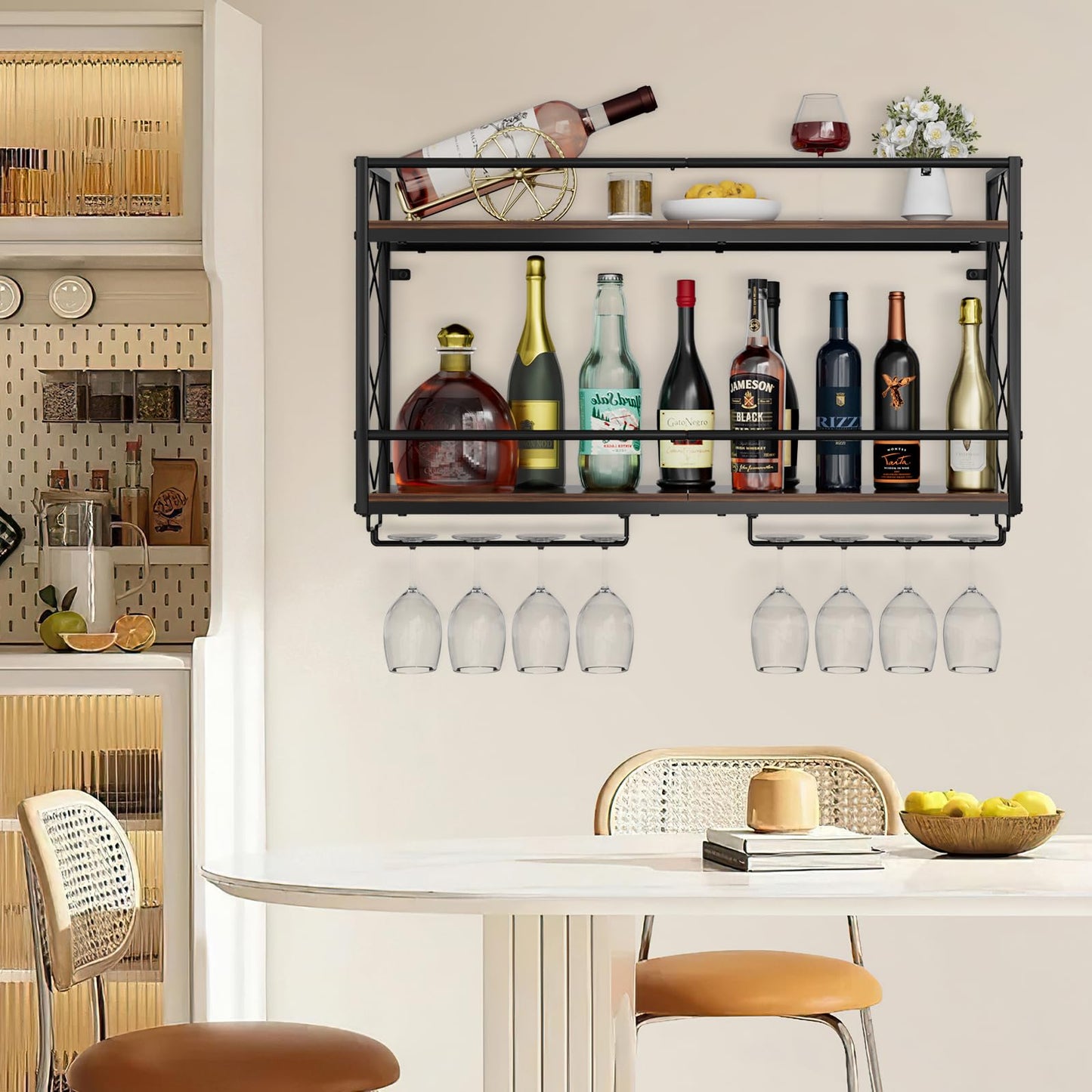 NEYCIL Wine Rack Wall Mount 2 Tier Wall Wine Rack with Glass Holder, Anti-Drop Crossbar, 31.5 Inch Metal Wine Rack for Home Kitchen Dining Room Bar, Black