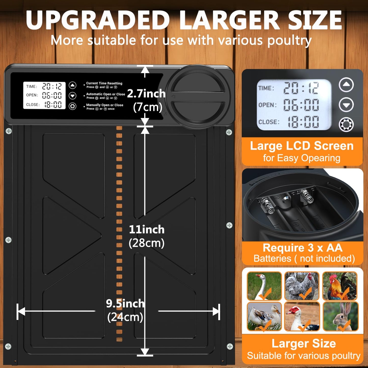 Automatic Chicken Coop Door - Large Chicken Door Automatic, Chicken Coop Door | Aluminum Alloy | Anti-Pinch | Manual & Timer Mode, Automatic Chicken Door with Low Battery Warning