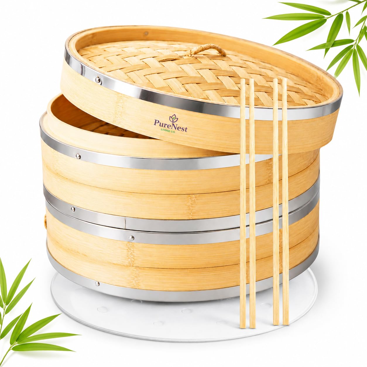 PureNest Living Co. 10 inch Bamboo Steamer Basket, 2-Tier Dumpling Steamer with Stainless Steel Band, Includes 2 Silicone Liners & 2 Pairs Chopsticks, Eco-Friendly Asian Food Steaming.