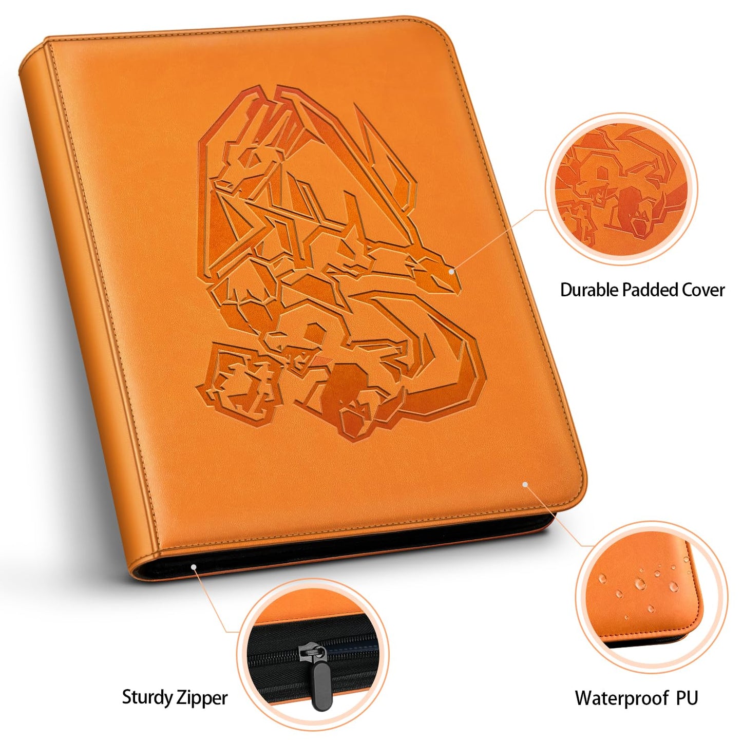 Card Binder 9 Pocket, Trading Card Zip Binder, 30 Side-Loading Pages, 540 Cards, Folder for Collectible Games (Orange)