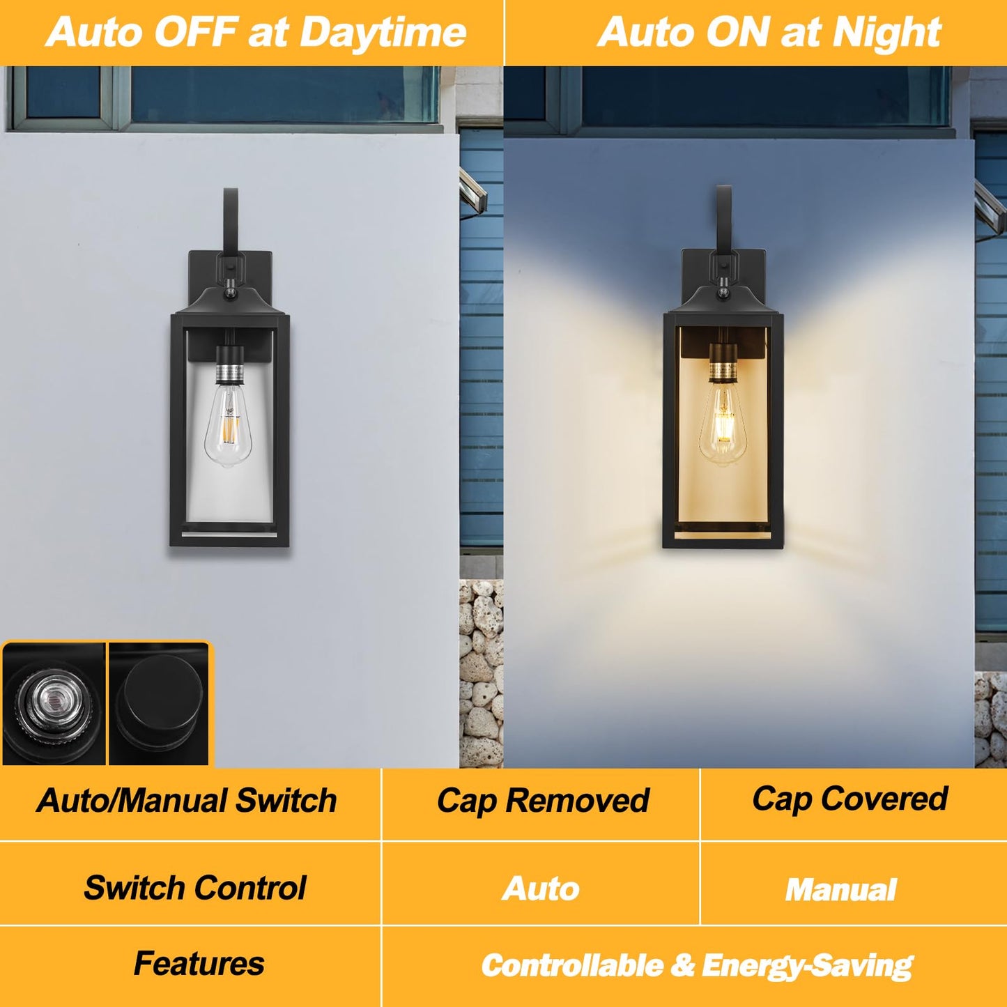 Yolsunes Black Dusk to Dawn Outdoor Wall Lantern, 19" Large Outside Modern Wall Sconce Light Fixture, Farmhouse Porch Light Wall Mount Waterproof for House
