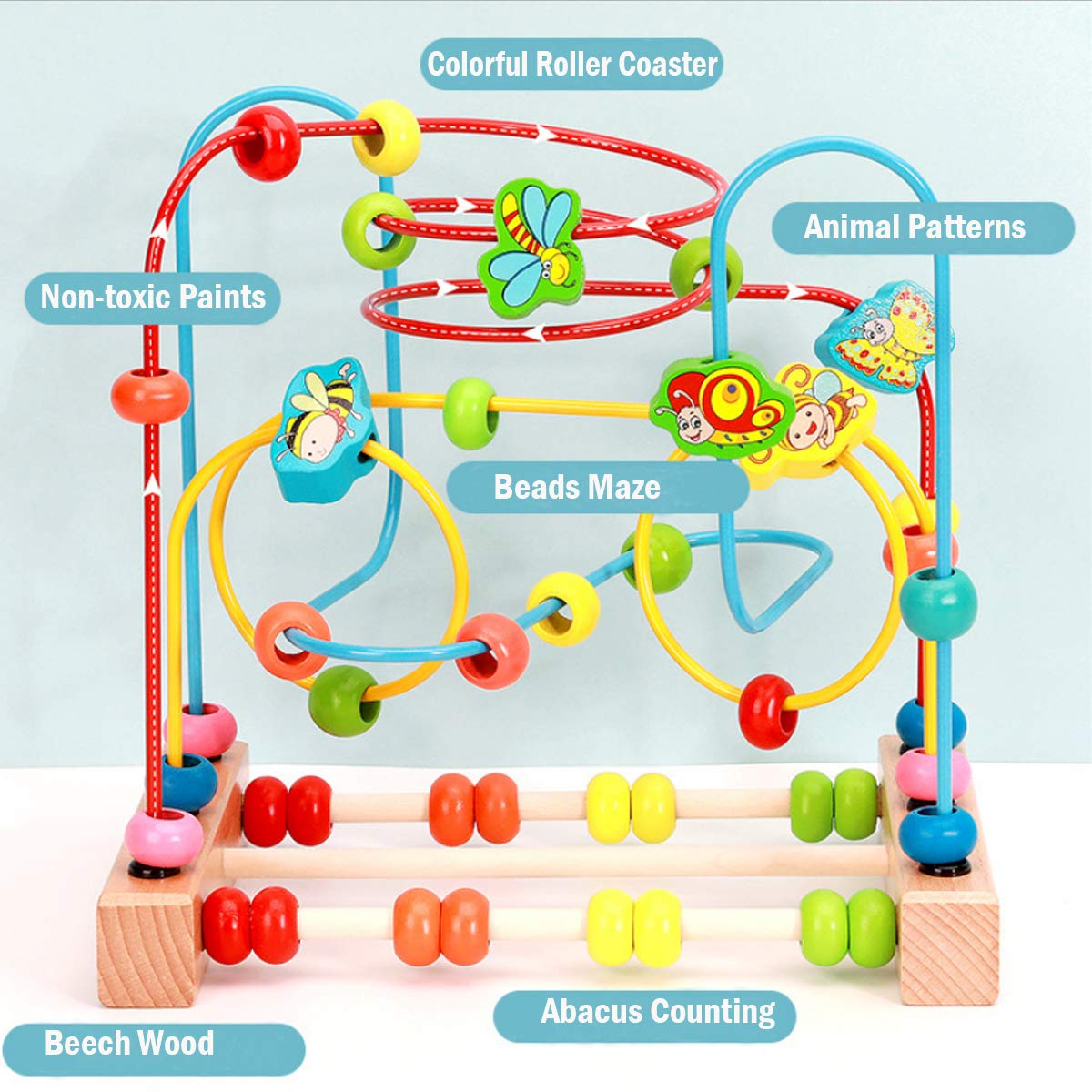 Joqutoys First Bead Maze for Toddlers,Wooden Educational Roller Coaster Animal Circle Toy, Abacus Beads Game for Kids