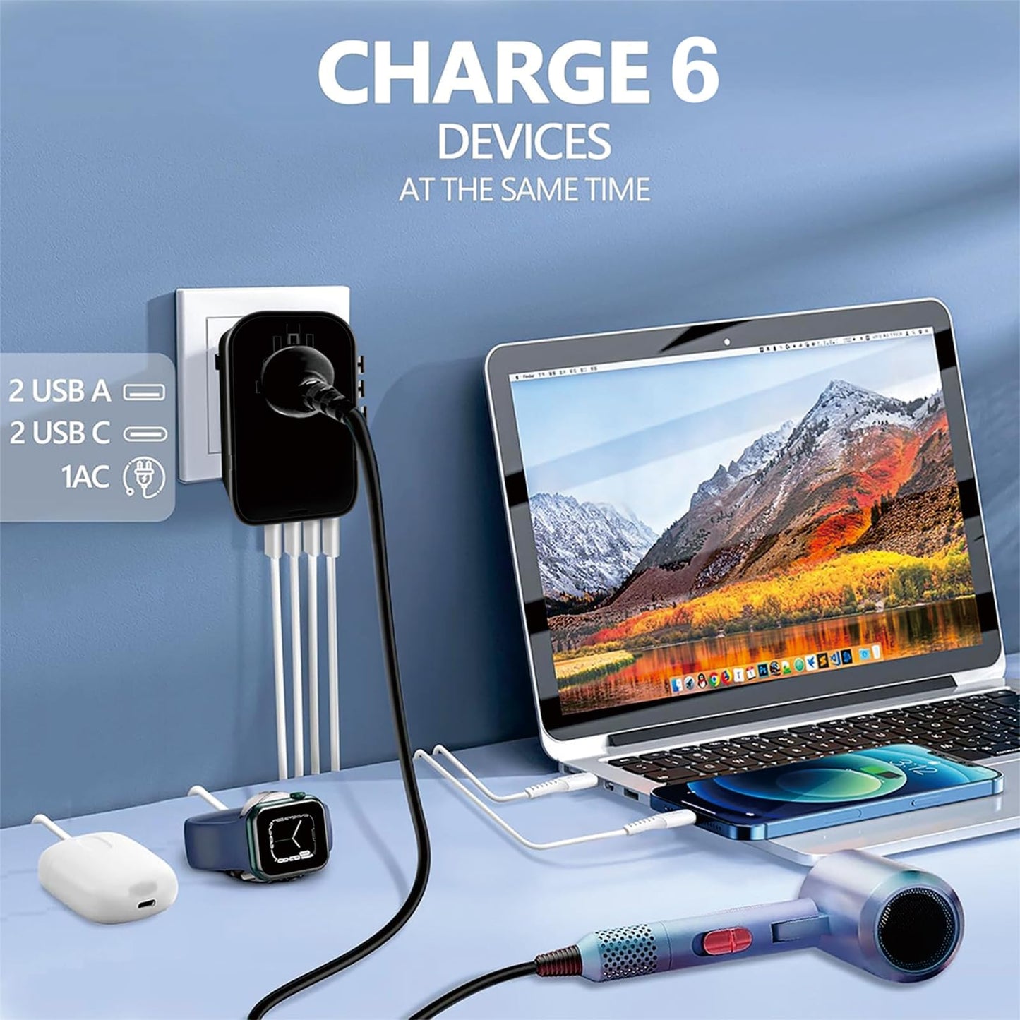 220V to 110V Converter Voltage Converter US to Europe Voltage Converter for Hair Dryer with 2 USB A and 2 USB C, European Travel Adapter Power Converter Adapter Combo from US to Italy UK AU