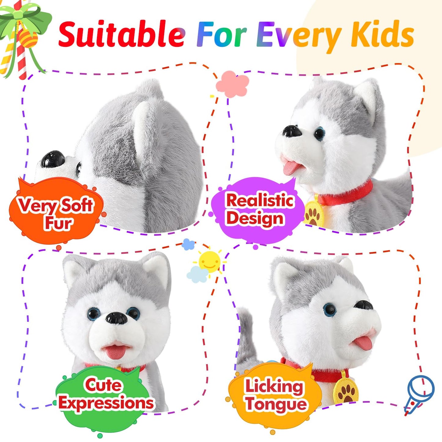 Walking Barking Singing Husky Puppy Toy, Repeats What You Say, Realistic Licking Tongue Wagging Tail Mechanical Dog with Electronic Touch or Voice Control, Interactive Music Dancing Plush Pet for Kids