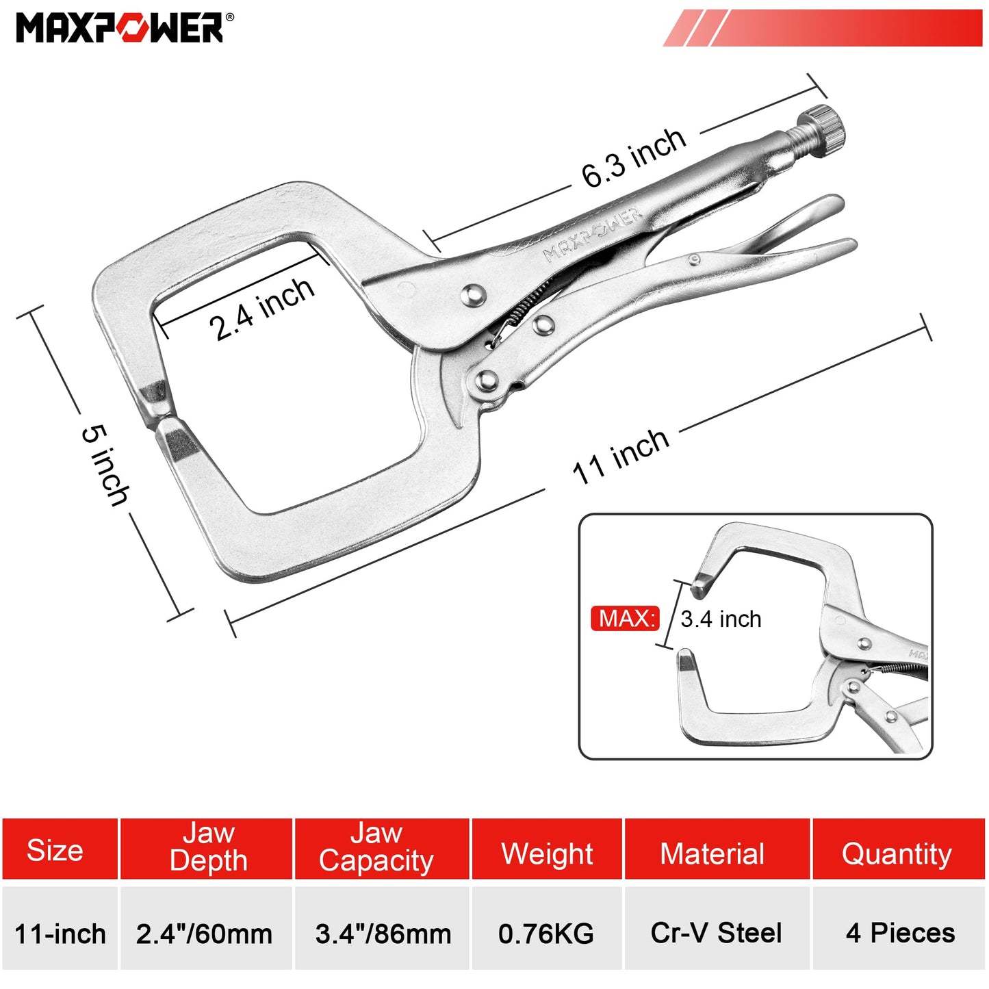 MAXPOWER 11-inch Locking C Clamp, Heavy Duty C-Clamp Locking Pliers with Regular Tip for Welding - 4 Pack