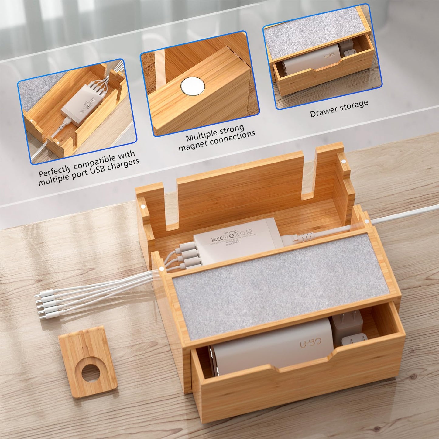 Pezin & Hulin Bamboo Charging Station with Lined Tray & Drawer, Desktop Dock Organizer with USB Wall Charger, Compatible with Tablet, Cell Phone, Earbuds, Smartwatch, and More