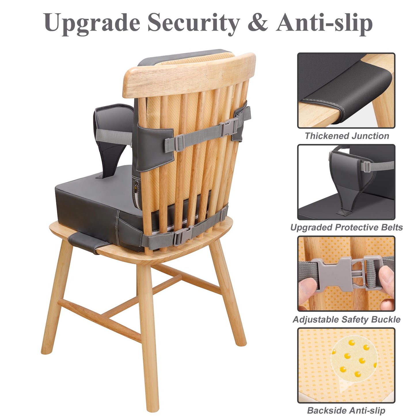 TOTIDYH Toddler Booster Seat for Dining Table, Non-Slip Kitchen Chair Booster Cushion with Backrest and Adjustable Straps, Portable PU Waterproof Travel Baby Booster Increasing Cushion, Dark Grey