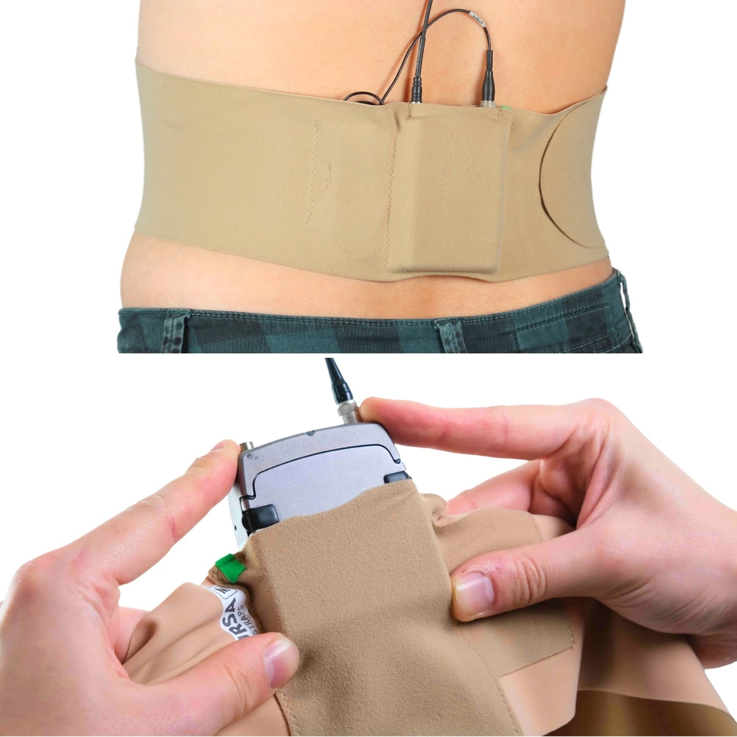 URSA Waist Strap - Ultra Slim, Breathable & Stretchy Microphone Transmitter Straps. Compatible with Most Transmitter/Receivers (Beige, Medium Waist - Big Pouch)