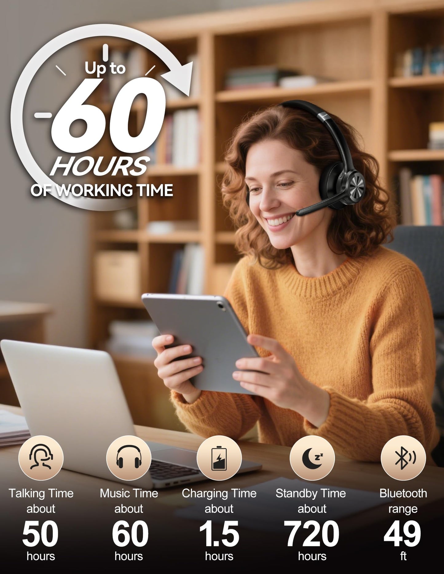 TECKNET Wireless Headset with Microphone - V6.0 Bluetooth Trucker Headset with Noise Cancelling Microphone and Mute Button, 60H Working Time, On-Ear Bluetooth Headphones for Call Center/Office/Drivers
