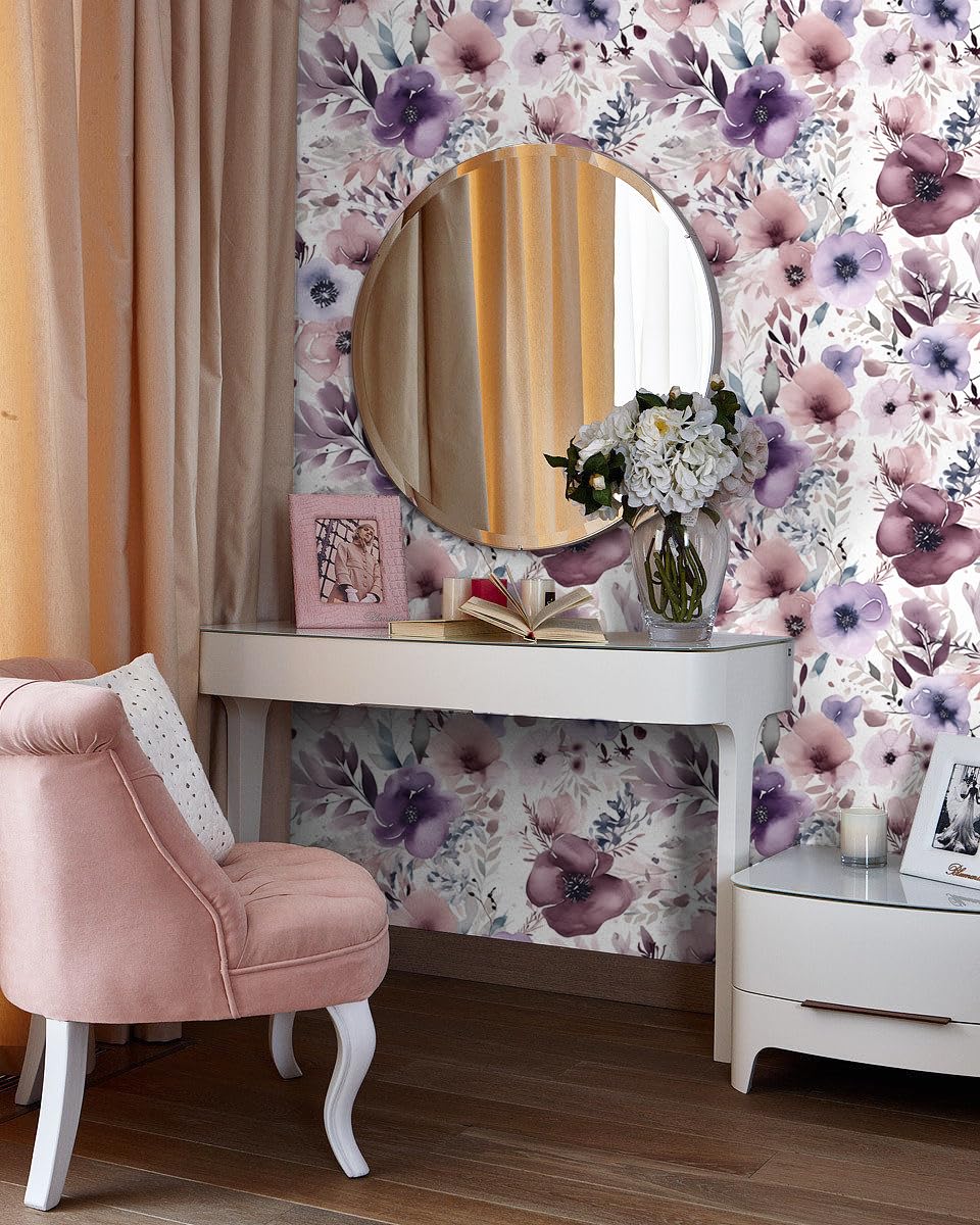 HAOKHOME Floral Peel and Stick Wallpaper Removable Wall Paper Mauve/Purple/White Vinyl Stick on Wall Contact Paper 44.5cm x 3m