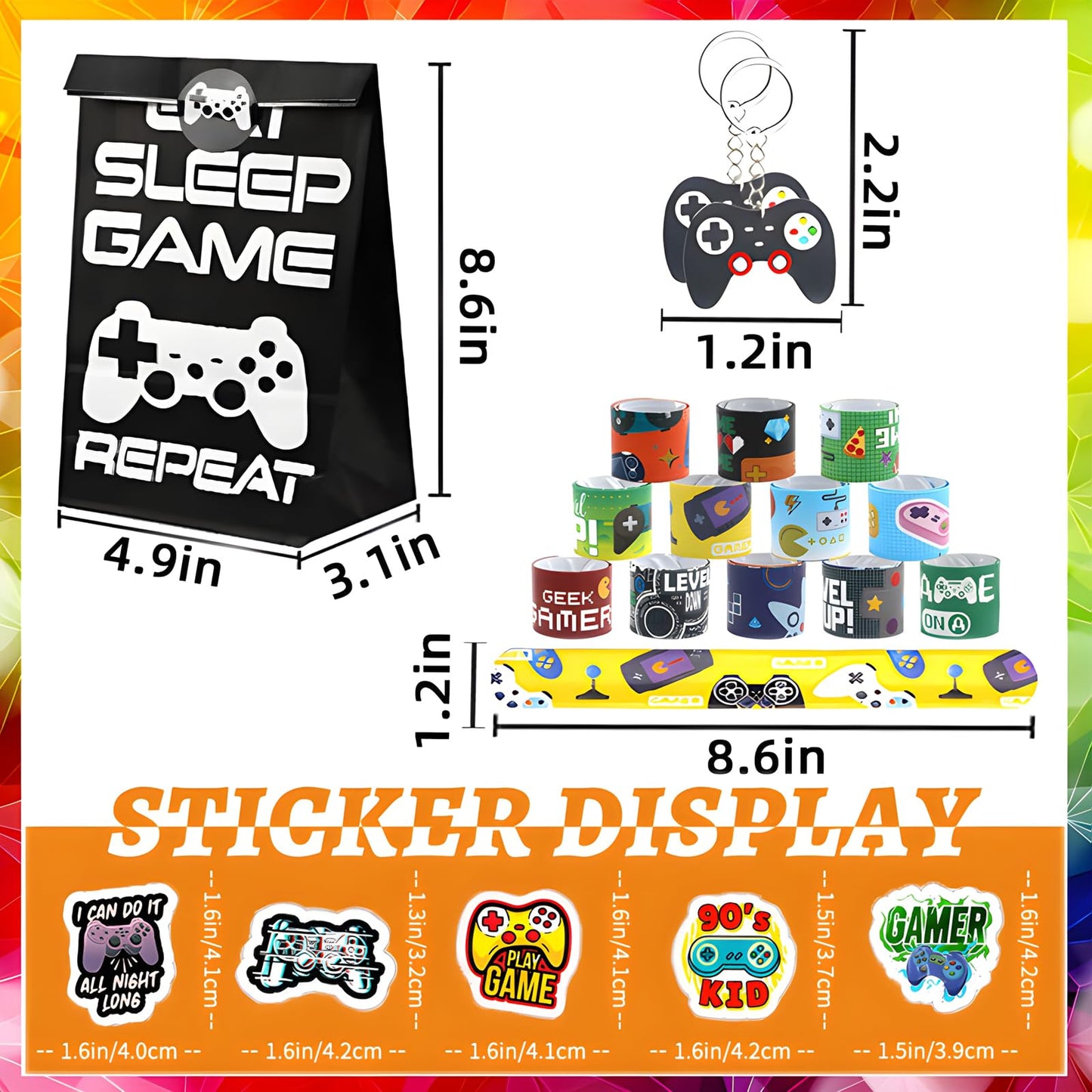 24 sets of Video Game Party Favors, 220 Pcs Gamer party Favors - Gaming Birthday Goodie Bags Included Gift Bags, Game Keychain, Slap Bracelet, Stickers, Ring, Hand Strap for Gaming Kids