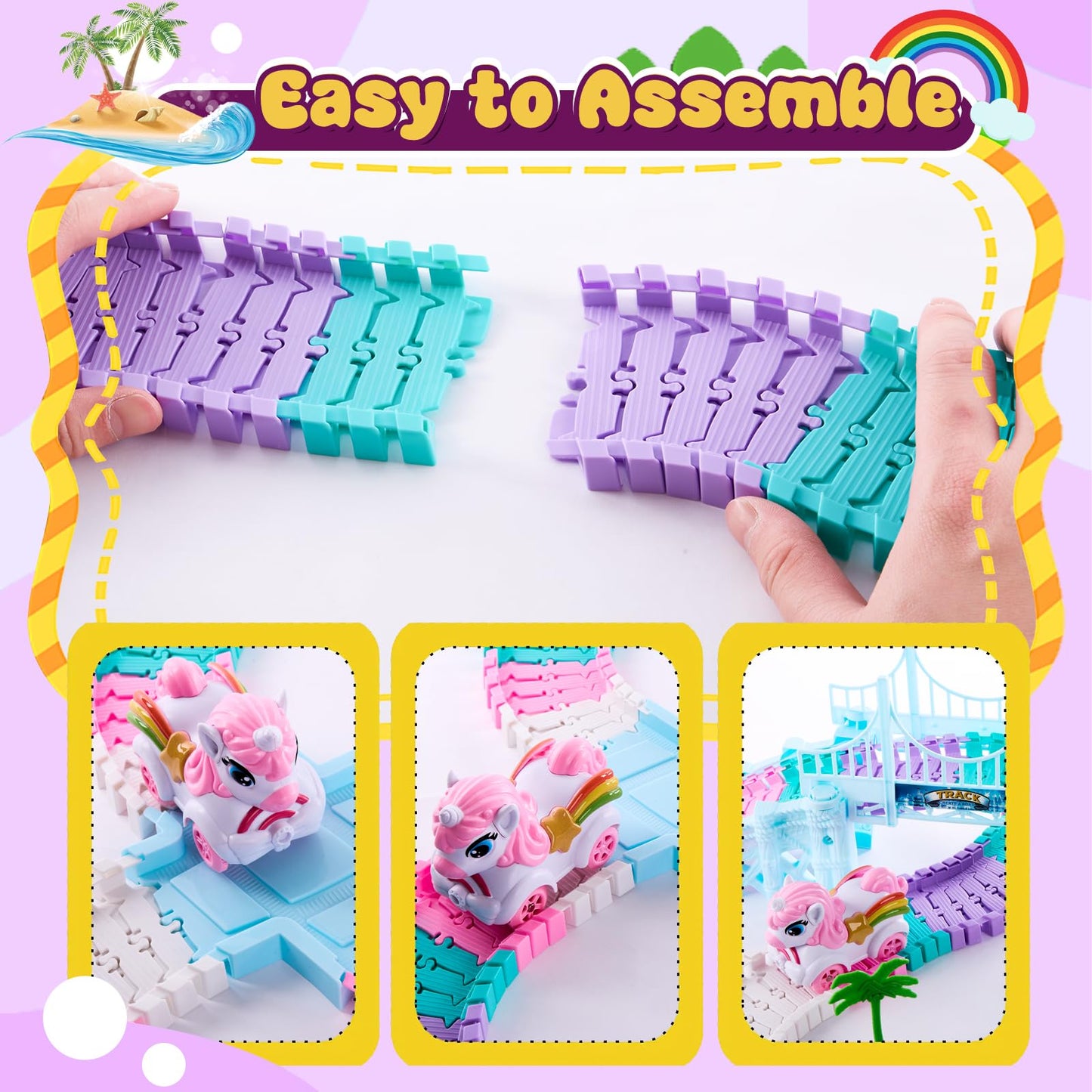 DIY Unicorn Racetrack Toy Set, 194 PCS Bendable Flexible Track with Race Cars & Ball, Creative Build STEM Racing Toys for Kids Ages 3-12, Unicorn Gifts for Girls & Boys