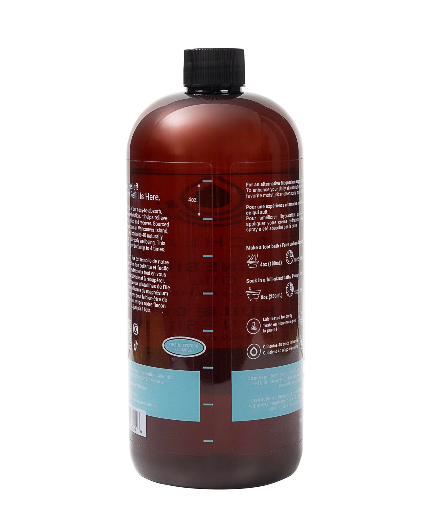 Beach Labs Magnesium Oil 1L Refill Bottle & Bath/Foot Soak. 100% Made in Canada. Ocean Sourced Magnesium oil for Feet and Body. Pure Concentrated Seawater With Synergistic Trace Minerals for Wellness. Refill 1L