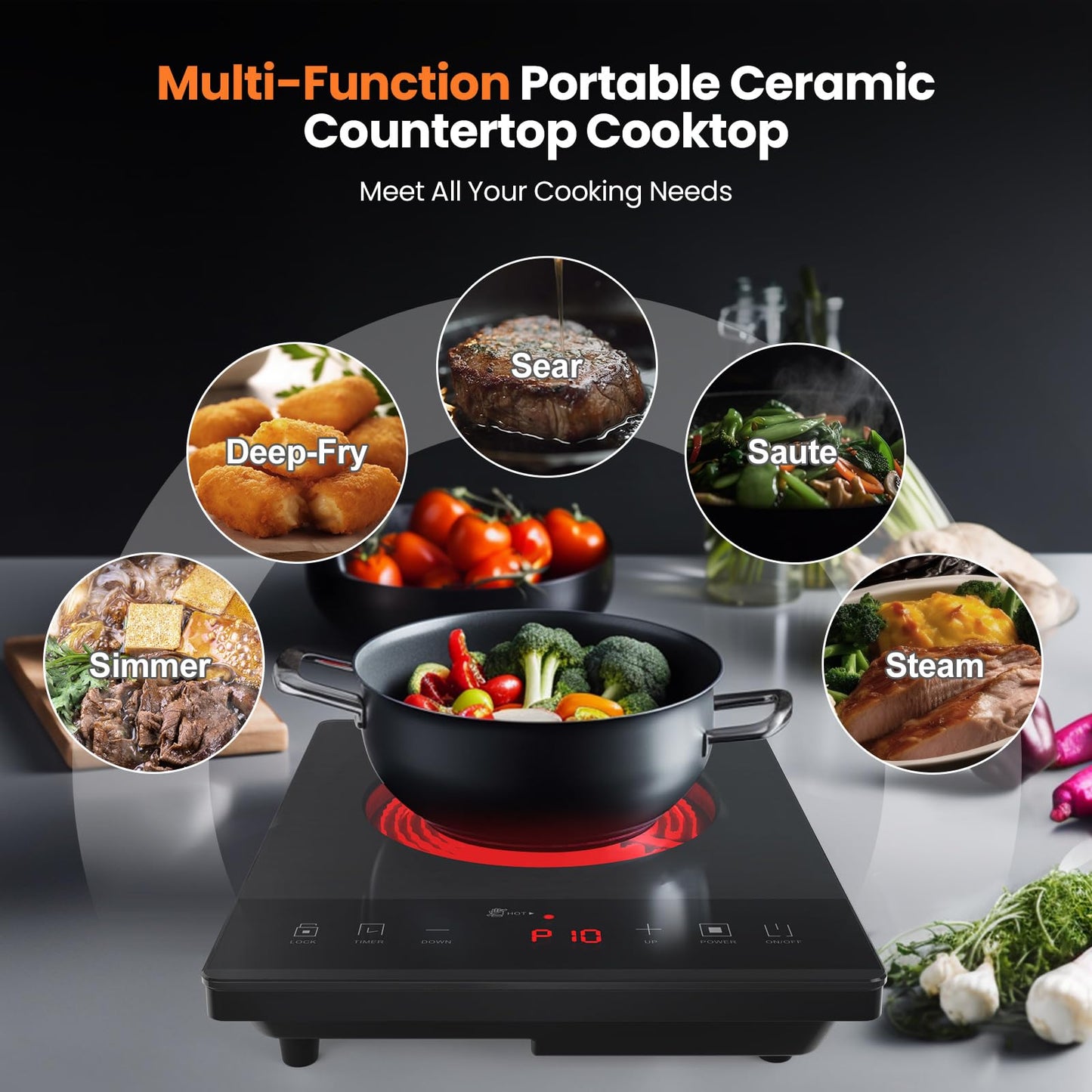 Electric Hot Plate,Nuopuplai Single Countertop Burner Portable Ceramic Cooktop For Cooking Ultra-thin Electric Stove Infrared Cooker,24-Hour Timer Child Safety Lock,Compatible With All Cookware