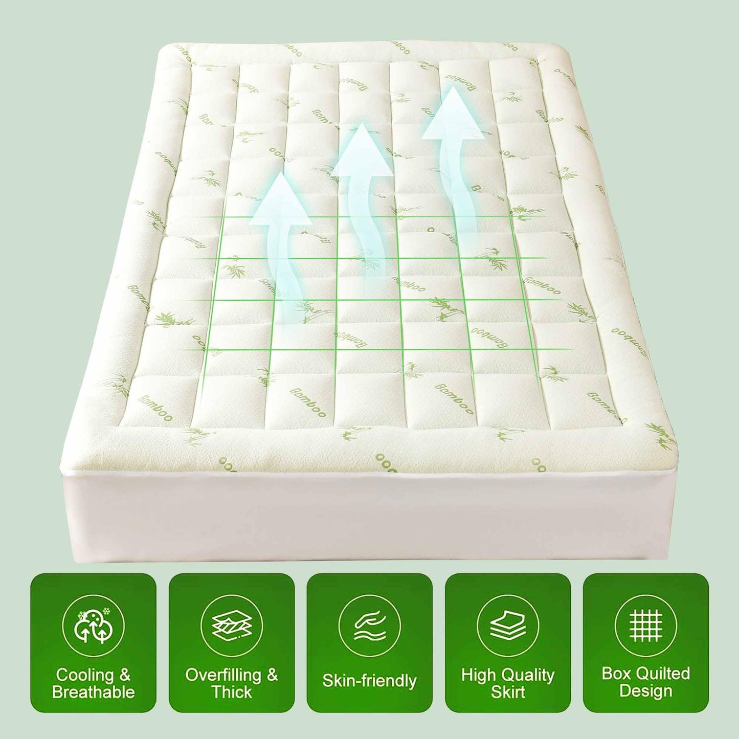 Twin Size Mattress Topper, Viscose Made from Bamboo, Ultra Soft Pillow Top Mattress Pad for Back Pain Relief, Naturally Cooling for Hot Sleepers, Green