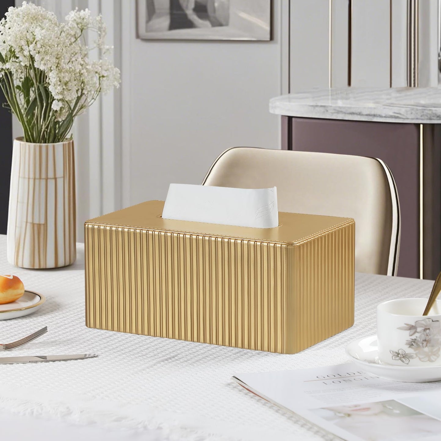 MEIBOOCH PU Leather Tissue Box Cover Square, Cube Tissue Box Holder with Magnetic Closure, Decorative Tissue Holder for Bathroom Bedroom Office (Gold, Rectangle Height of 4 in)