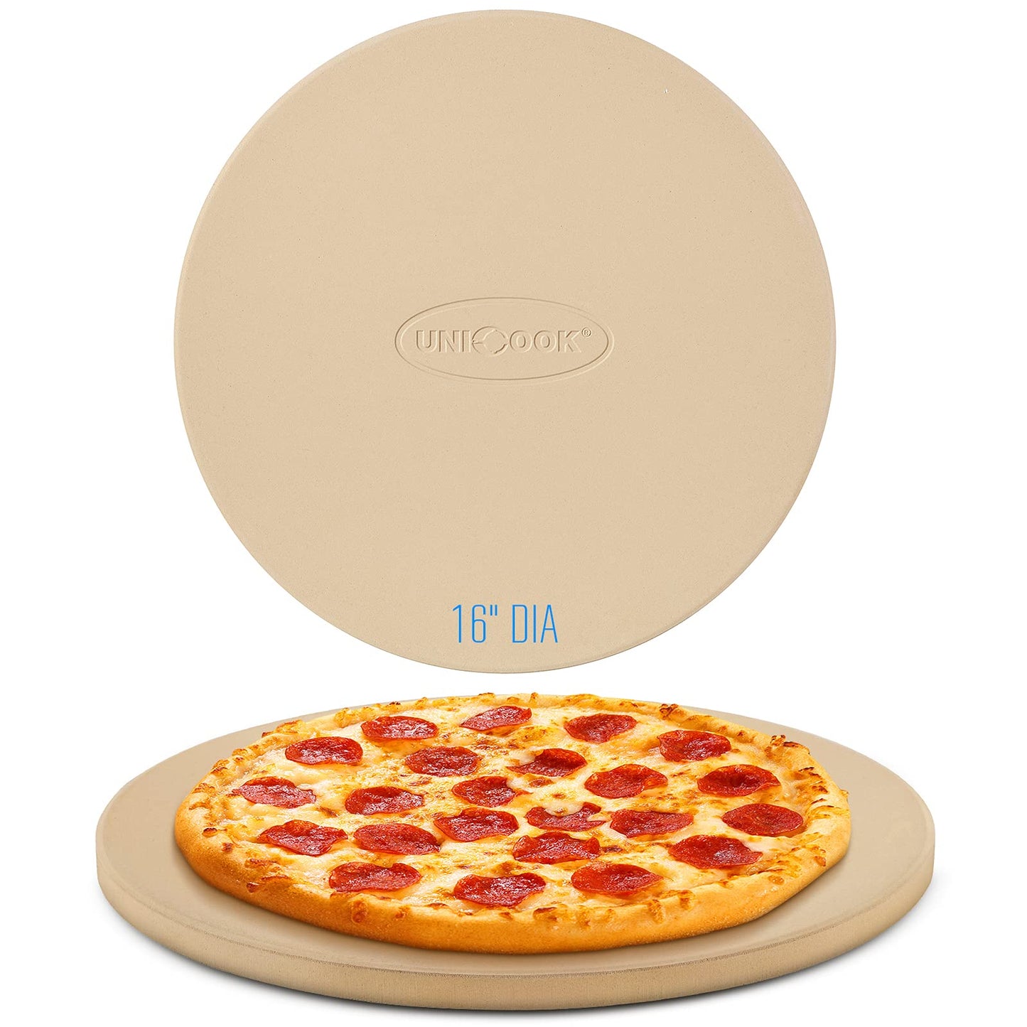 Unicook 16 Inch Round Pizza Baking Stone, Heavy Duty Ceramic Pizza Grilling Stone for Oven and Grill, Thermal Shock Resistant, Ideal for Baking Crisp Crust Pastry, Bread and More, Includes Scraper