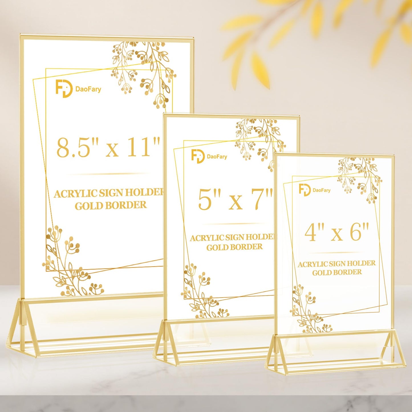 Acrylic Sign Holder, Double Sided Gold Picture Frame Stand up Table Top Sign Holders, Clear Display Stand Menu Flyer Holder for Wedding Party (14 Pack 5 x 7 Inch)