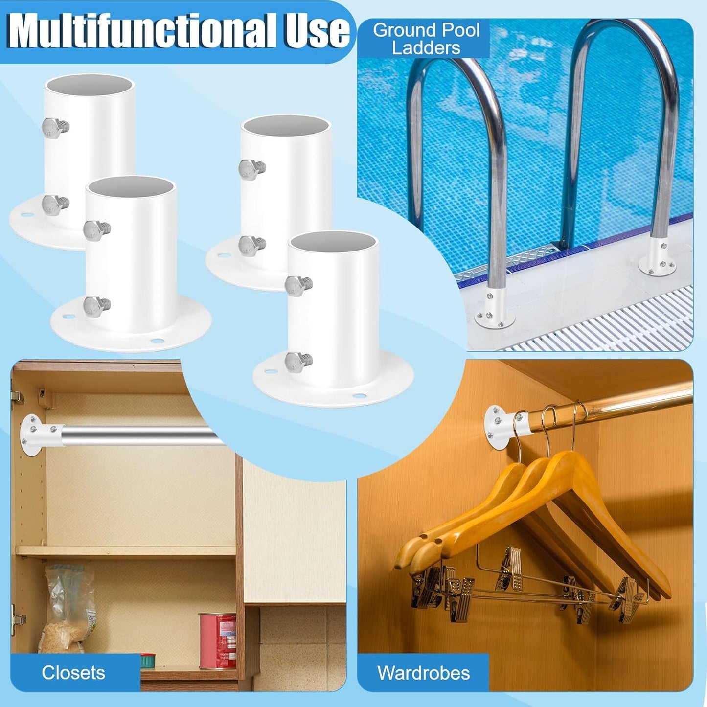 4-Pack Pool Deck Flanges, COITEK 304 Stainless Steel Flange Anchors Ladder Brackets for 1.5" Above Ground Pool Ladders and Handrails, Includes Screws Bolts for Easy Installation and Replacement