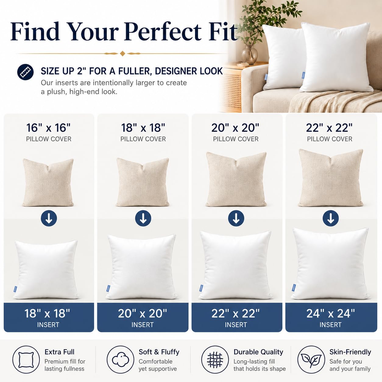 Leeden 20x20 Pillow Inserts Pack of 4, 20 Inch Throw Pillow Inserts, Soft Fluffy Decorative Square Throw Pillows for Couch, Sofa, Bed, and Home Decor White Pillows