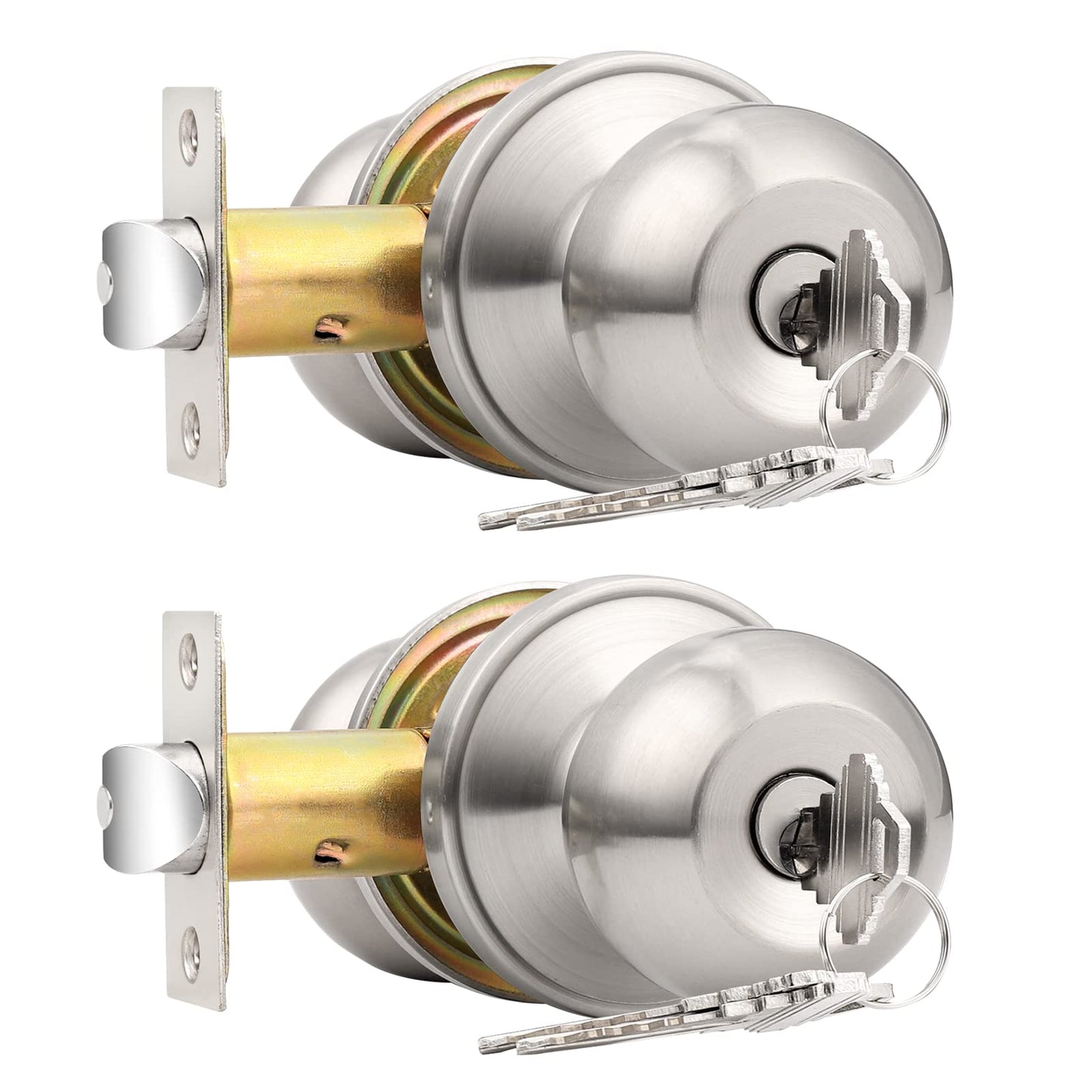Probrico 2 Pack Keyed Alike Entry Door Knobs with Lock and Key Ball Door Knob Handles Entrance Door Lockset Brushed Nickel Finish