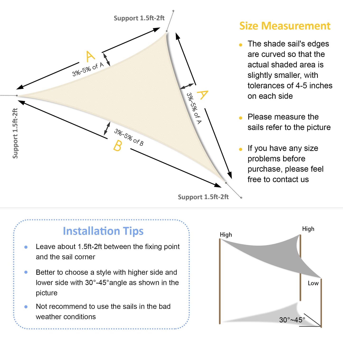 Yardmaker 16'x16'x23' Sun Shade Sail Right Triangle Canopy Shade Cover for Patio Garden Outdoor Backyard, Cream