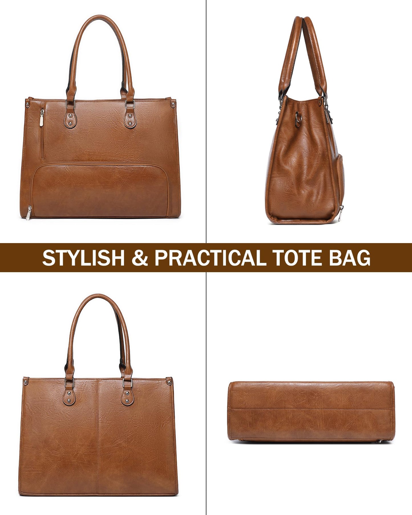 Laptop Tote Bag with Insulated Lunch Compartment for Women Work, PU Leather Lunch Bag with 15.6 Inch Computer Compartment Brown