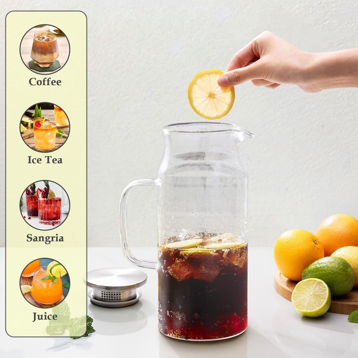 Wexlerey 2 Pack 2 Liter/68 oz Glass Pitcher with Lid and Spout,Wide Mouth Water Pitcher with Handle Heat Resistant,Glass Water Jug Carafe Juice Container for Hot/Cold Drink,Iced Tea,Milk,Coffee