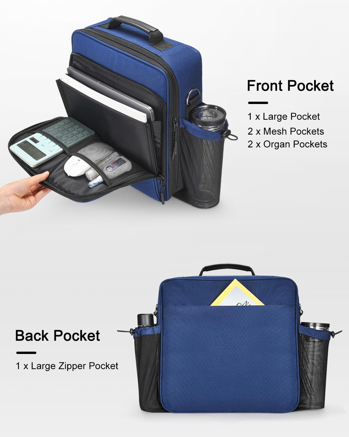 HINOOR 3 Inch 3-Ring Zipper Binder with Water Bottle Holder, D-Ring Zip Up Binder with Shoulder Strap, 700 Sheet Capacity, Compatible with 13" MacBook/Tablet, for School, Office (Dark Blue)