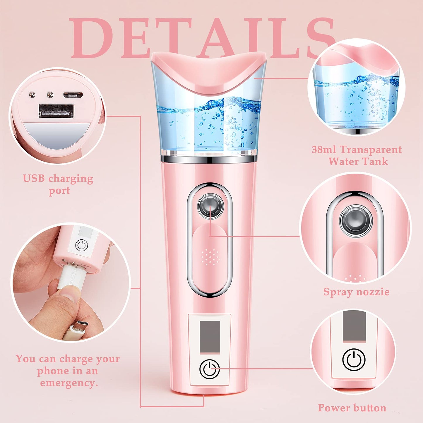 2 Pieces Handy Nano Mist Sprayer with Skin Analyzer Moisture Tester Portable Nano Facial Mister Face Steamer Atomization Mini Eyelash Extensions USB Rechargeable Moisturizing & Hydration for Skin Care