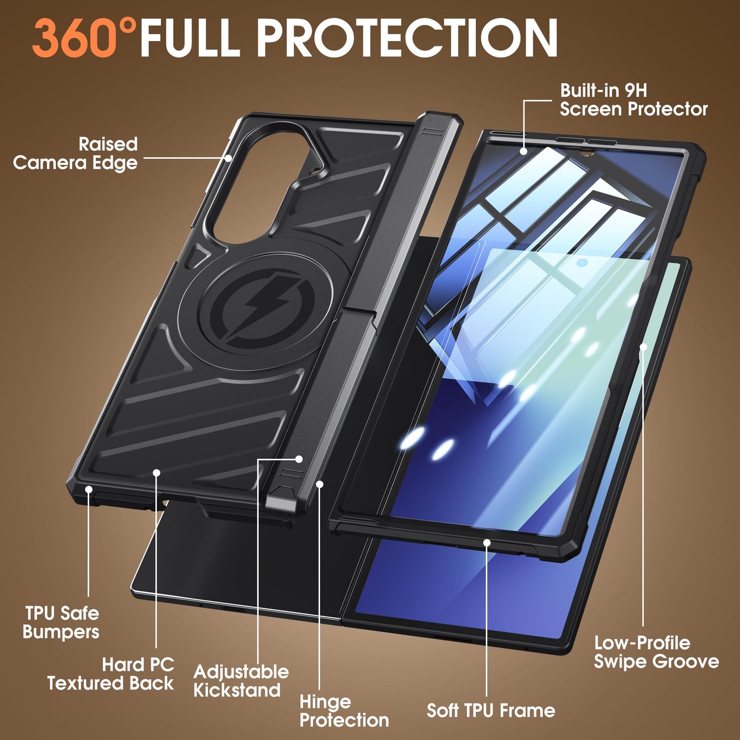 Armor Magnetic for Samsung Galaxy Z-Fold-7 Case: Dual Stand Horizontal & Vertical, Glass Screen Protector, Hinge Protection, Fit for MagSafe Wireless Charging, Shockproof Magnet Phone Cover, Black