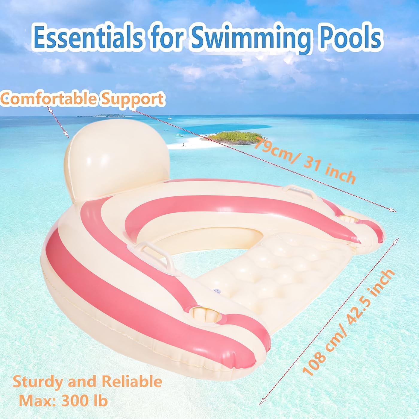 2PCS Inflatable Pool Floats Adult,Striped Pool Chairs with Cup Holders,Blow up Floats Chair for Relaxing Summer Water Fun Swimming Party Beach (U-Pink Lollipop)