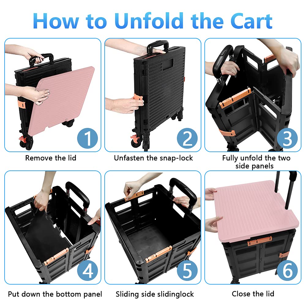 Foldable Utility Cart Folding Portable Rolling Crate Handcart with Durable Heavy Duty Plastic Telescoping Handle Collapsible 4 Rotate Wheels for Travel Shopping Moving Luggage Office Use (Black+Pink)