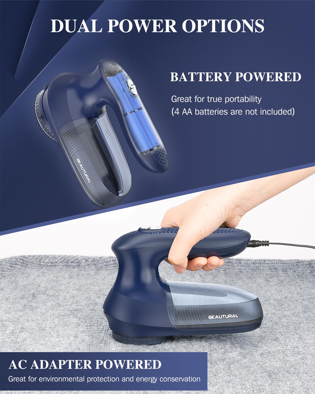 BEAUTURAL Fabric Shaver and Lint Remover Home-Edition, Powerful & Efficient Sweater Defuzzer with 2-Speeds for Clothes and Furniture, AC Adapter or Battery Powered Pill Fuzz Remover