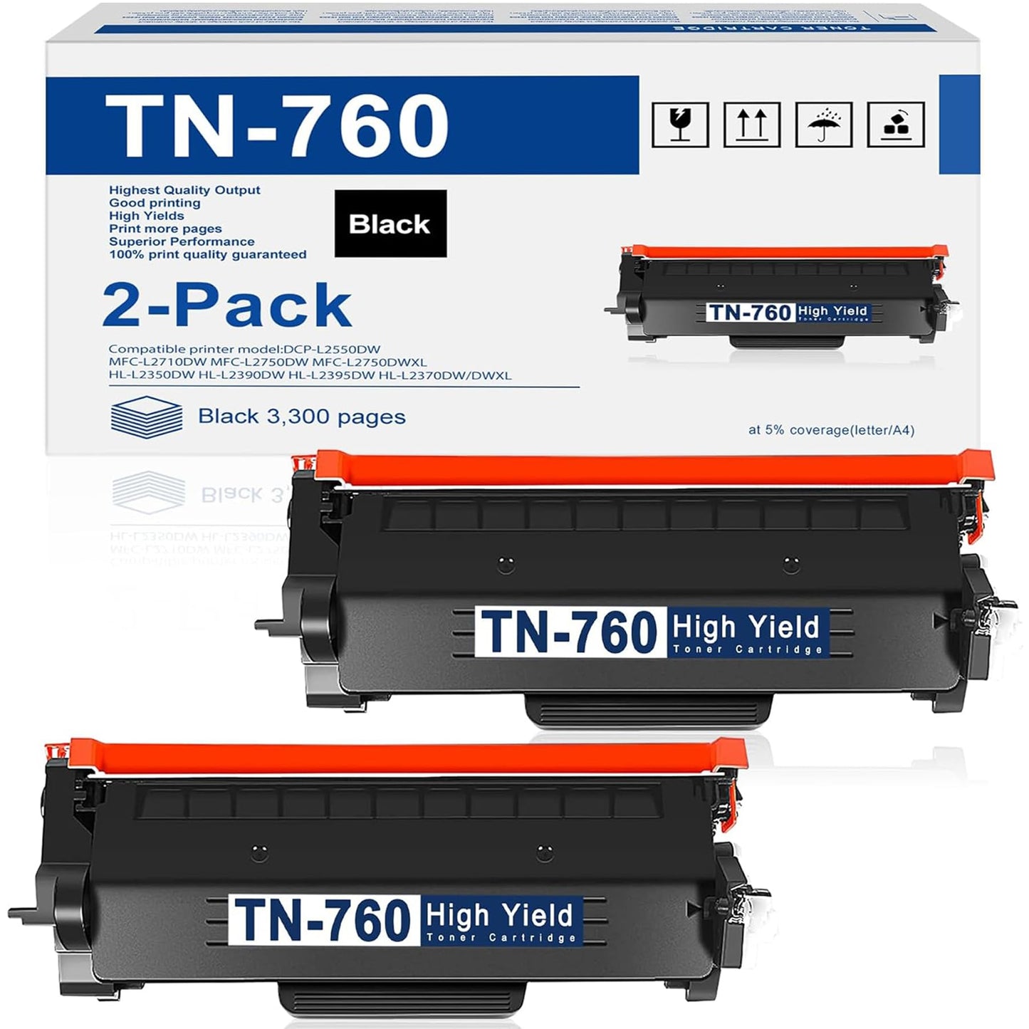 TN-760 TN760 Toner Cartridge with Chip 2 Pack High Yield Replacement for TN760 TN730 TN 760 TN-730 DCP-L2550DW MFC-L2710DW MFC-L2750DW HL-L2370DW HL-L2390DW MFC-L2730DW Printer Ink, Black