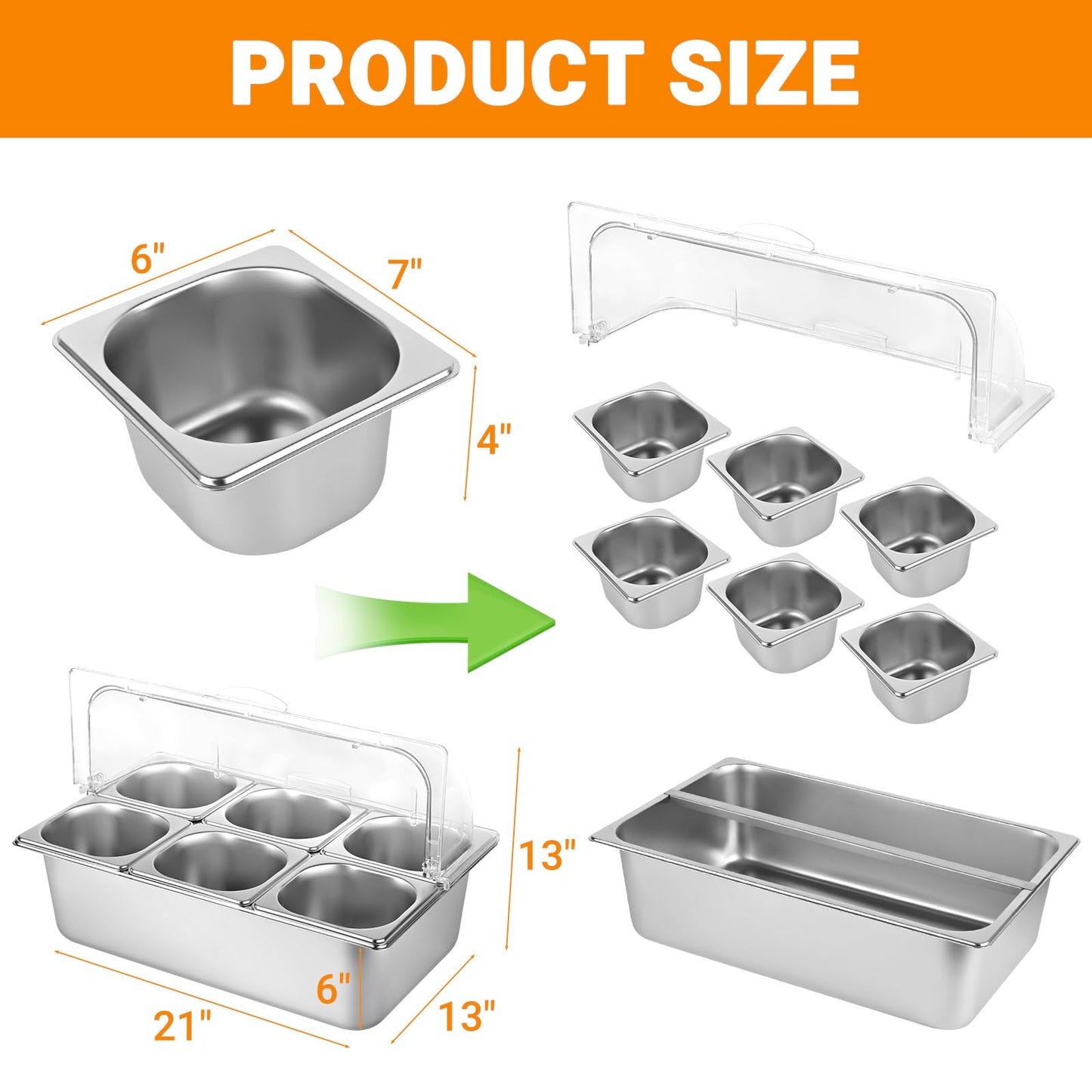 Julymoda Countertop Food Serving Display Container with Clear Lid, Stainless Steel Serving Tray Catering Supplies Buffet Display Condiment Container for Restaurant Hotel Kitchen (6 Pan)
