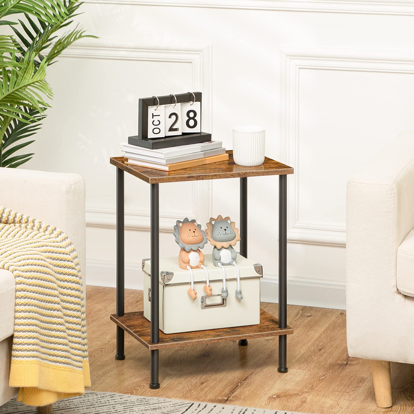 HOOBRO End Table, Nightstand with 2-Layer Storage Shelves, Side Table for Small Spaces, Living Room, Entryway, Farmhouse Industrial Style, Stable Frame, Easy Assembly, Rustic Brown, Black BF09BZ01