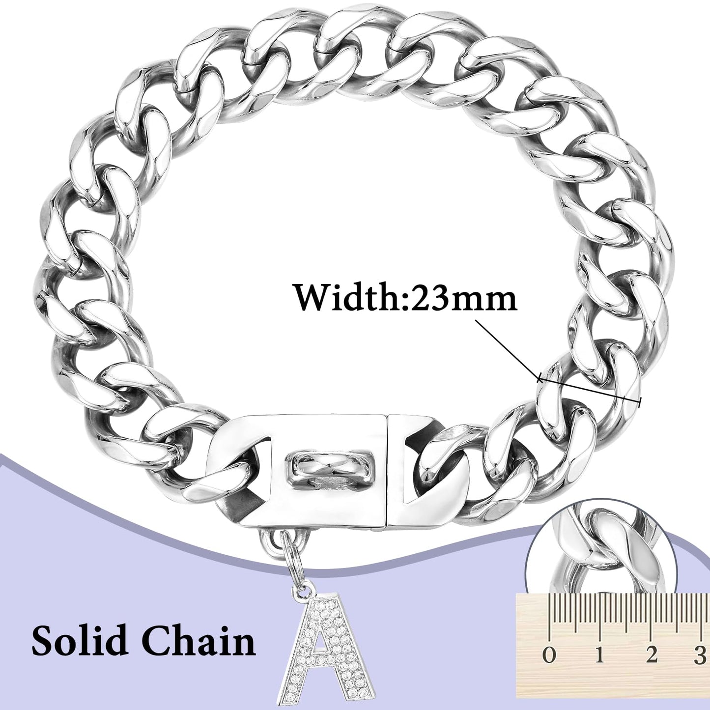 Heavy Duty Gold Dog Chain Collar with Pendant Set 23mm Wide Solid Cuban Link Chains Strong Stainless Steel Chew Proof Collars for Pitbull Large Dog(Silver,22IN)