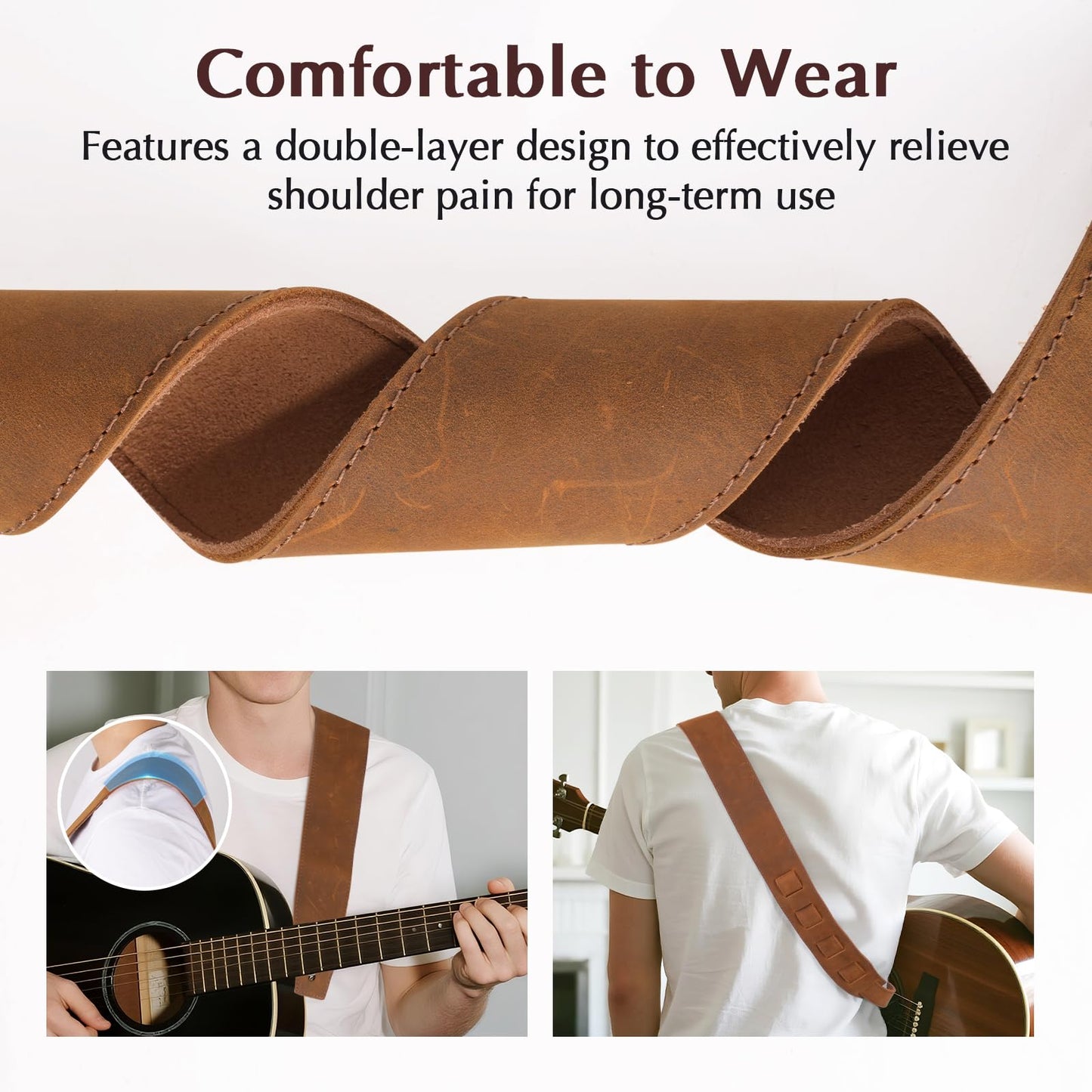MCKDERWRILL Leather Guitar Strap, Adjustable 45" to 52", Reinforced Keyhole & Slots, 2.4 Inches Width Leather Guitar Strap for Bass, Electric guitar and Acoustic Guitar (Brown)
