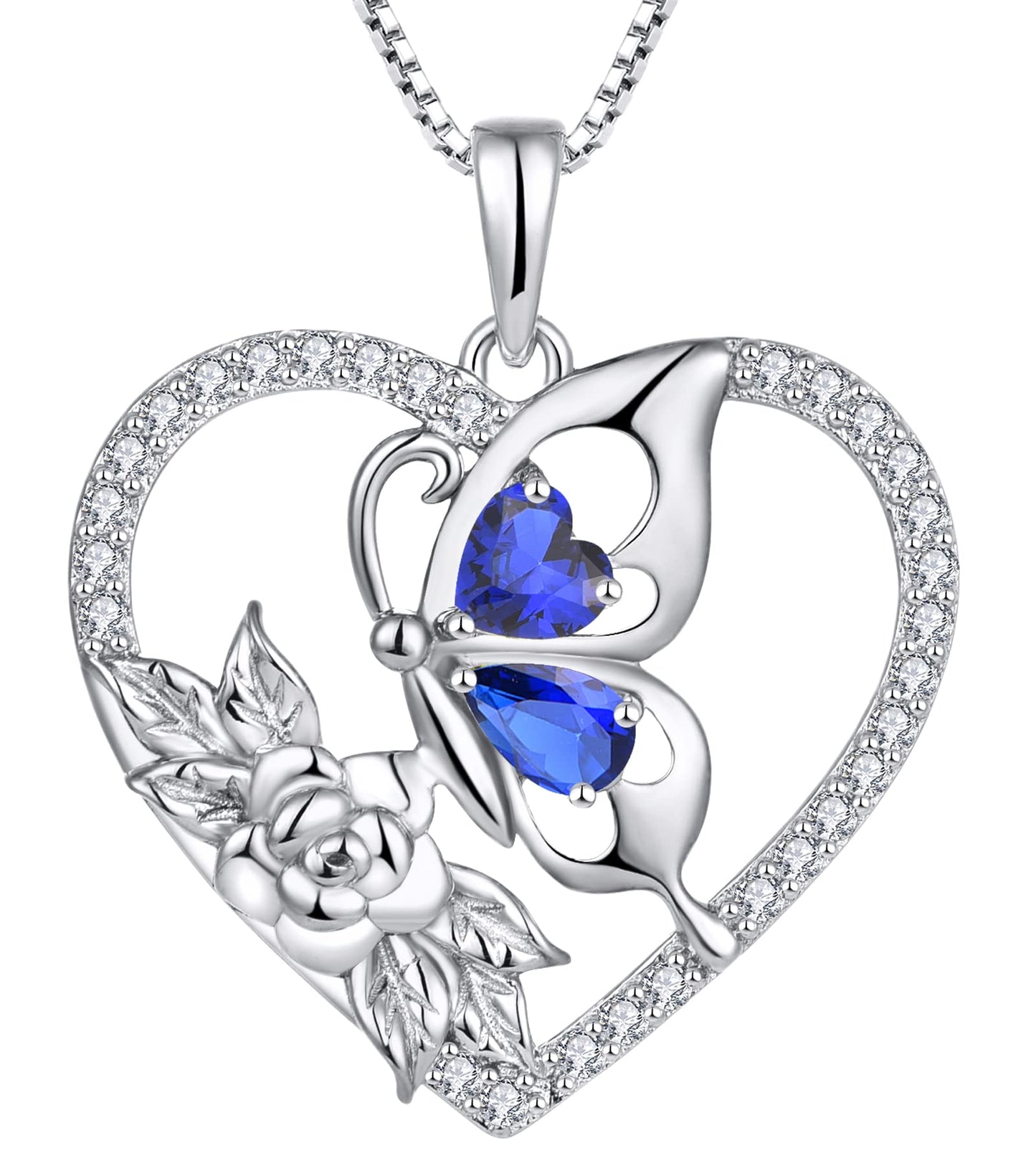 YL Created Sapphire Butterfly Necklace for Women, 925 Sterling Silver Birthstone Heart Pendant Flower Rose Halo Jewelry Mother Daughter Gifts for Her