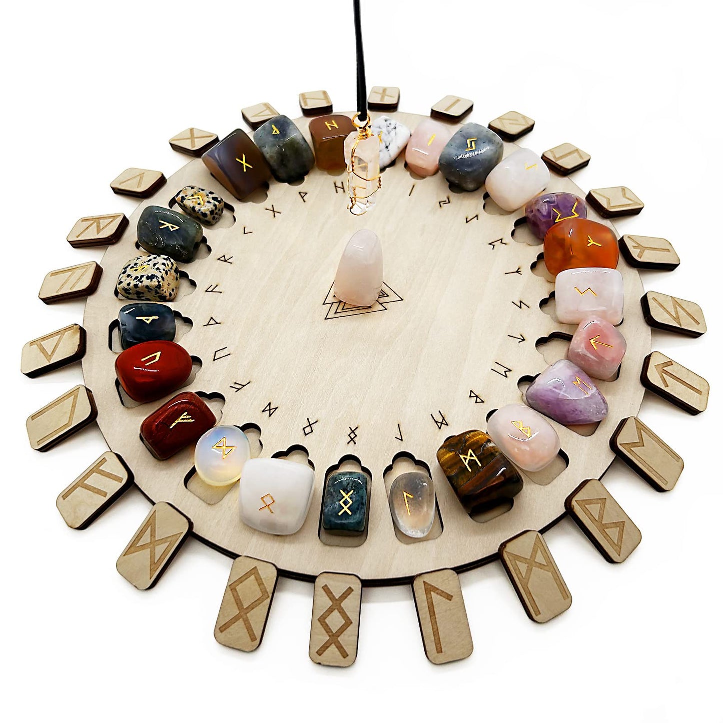 Rune Stone Set, Wooden Disc with Eternal Life Inscription and Mixed Color Crystal Rune Set for Meditation and Witchcraft Healing, Chakra Balancing for Beginners (Mixed Color Rune Set)