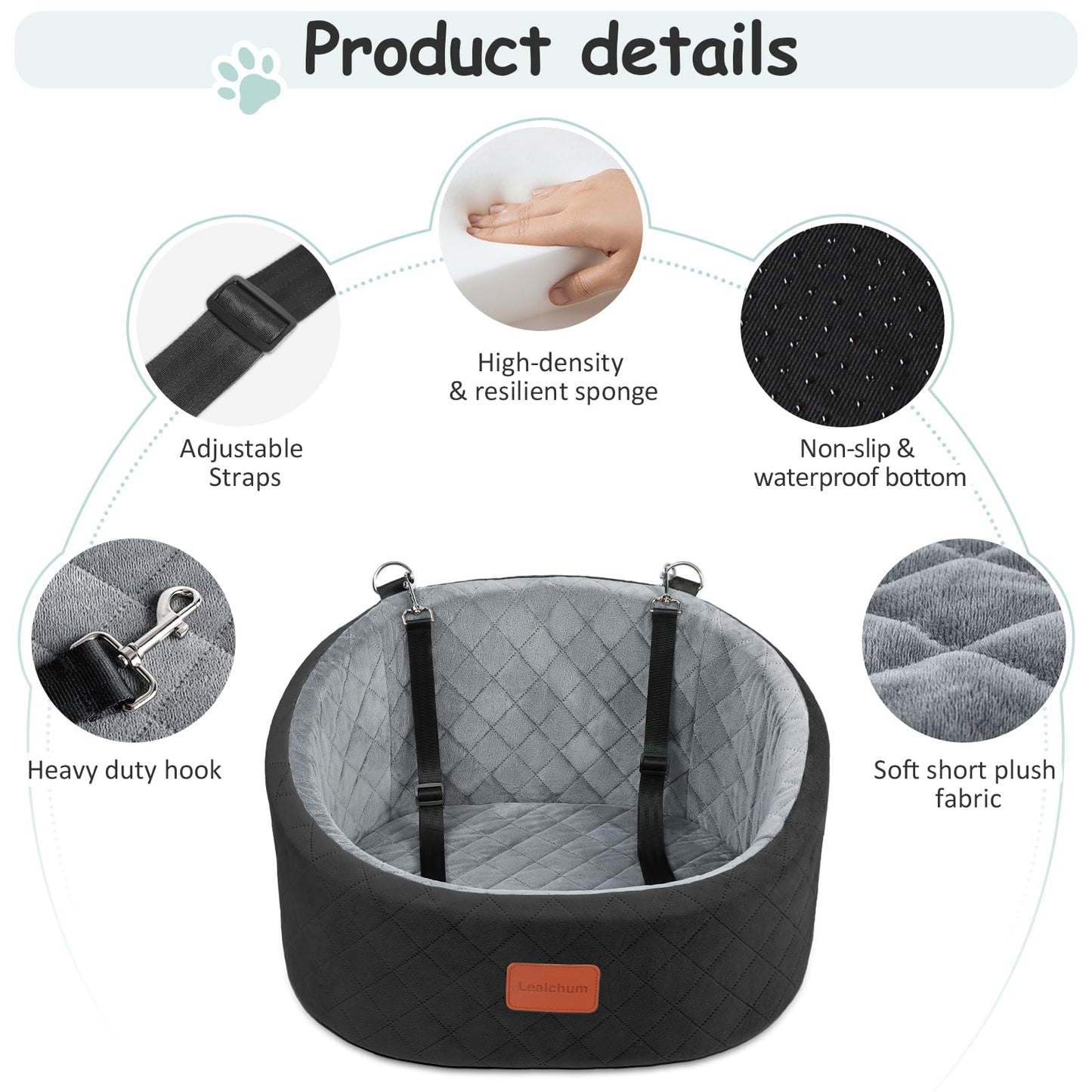 Lealchum Dog Car Seat Up to 30 lb Dogs, 2 Adjustable Safety Dog Leashes, Pet Washable Travel Car Seat with Non-Slip Bottom, Easy to Install and Removable, Covered with Soft Fabric (Black/Grey, Small)