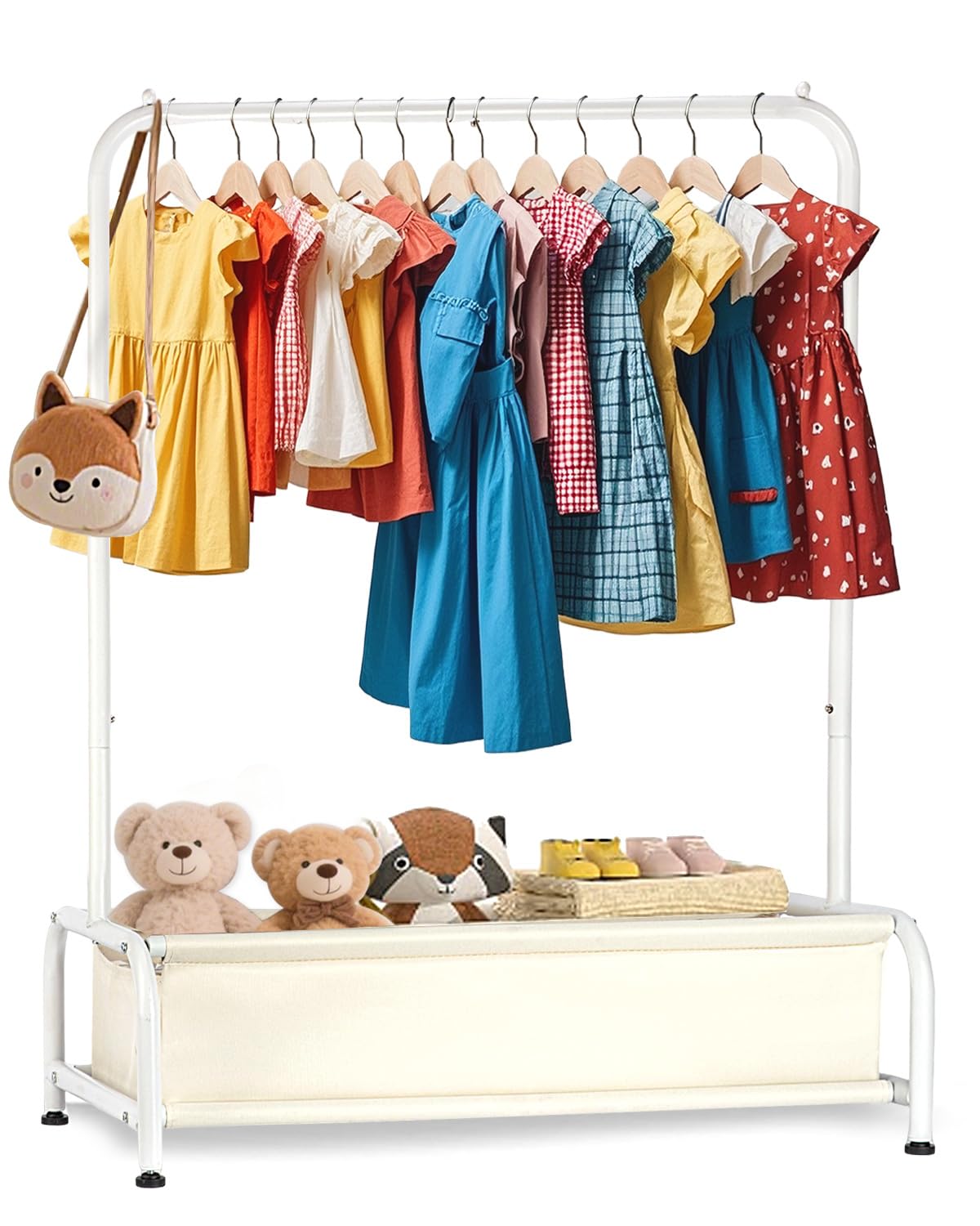 Kids Clothing Rack-Portable Kids Clothing Rack with Storage Shelf - Toddler Garment Organizer for Baby Clothes, Dance Costumes, Girls Gift Ideas（ Snow White）